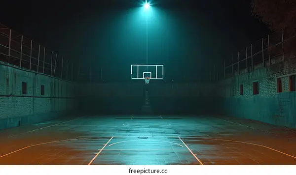Basketball court at night with a single light on