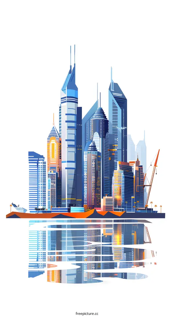 Modern Cityscape with Tall Buildings and Reflection in Water