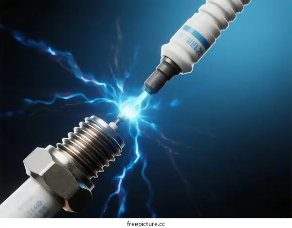 Spark Plug with Electrical Discharge in Blue Background