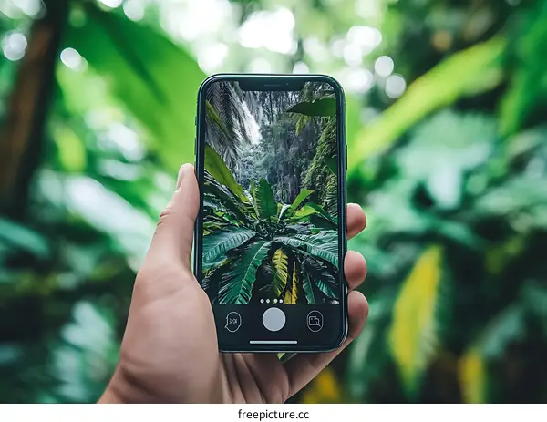 Hand Holding Smartphone Taking Photo of Jungle