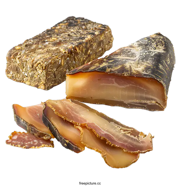 [Transparent Background PNG]Two pieces of bacon and a block of sausage