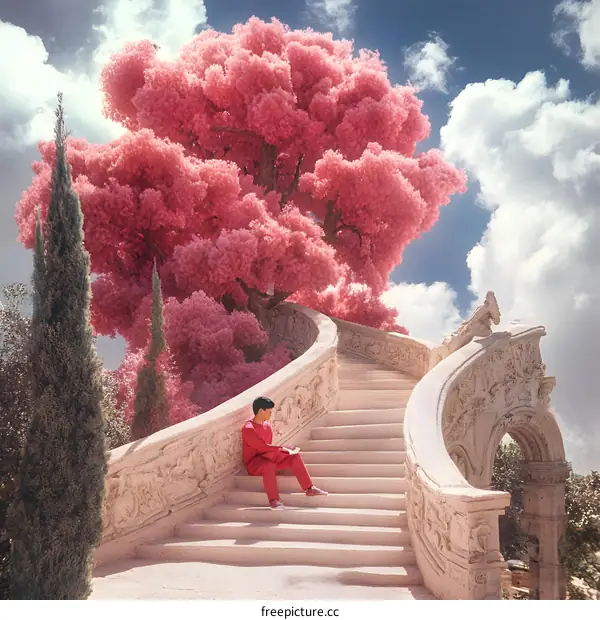 Man Sitting on Stone Stairs With Pink Tree in Background