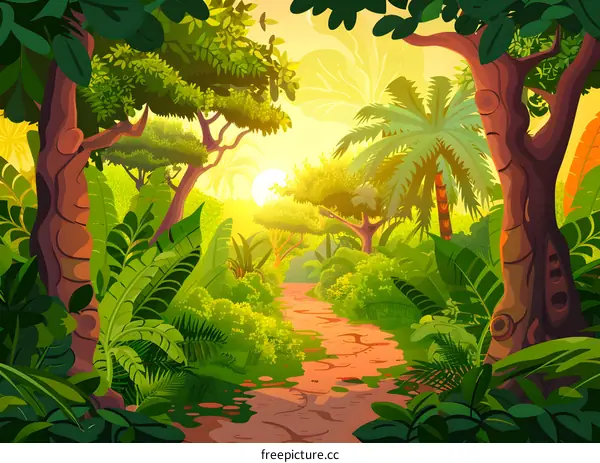 Jungle Path Illustration With Sun Shining Through Trees