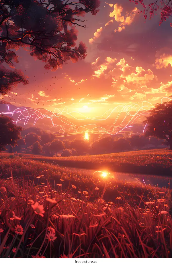 Sunset over a Field of Flowers