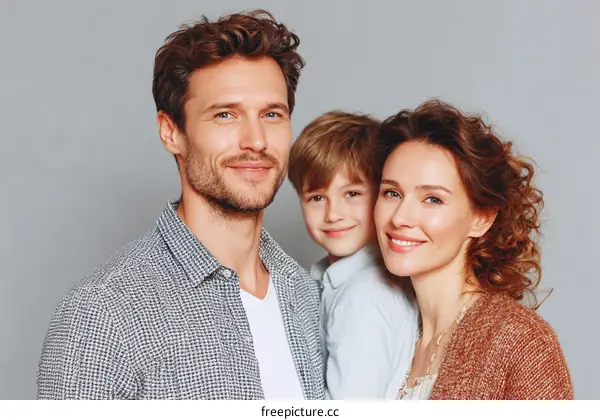 Portrait of happy young family with father mother and son standing together