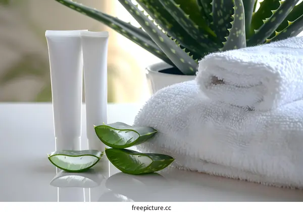 Aloe Vera Plant with White Towels and Cream Tubes