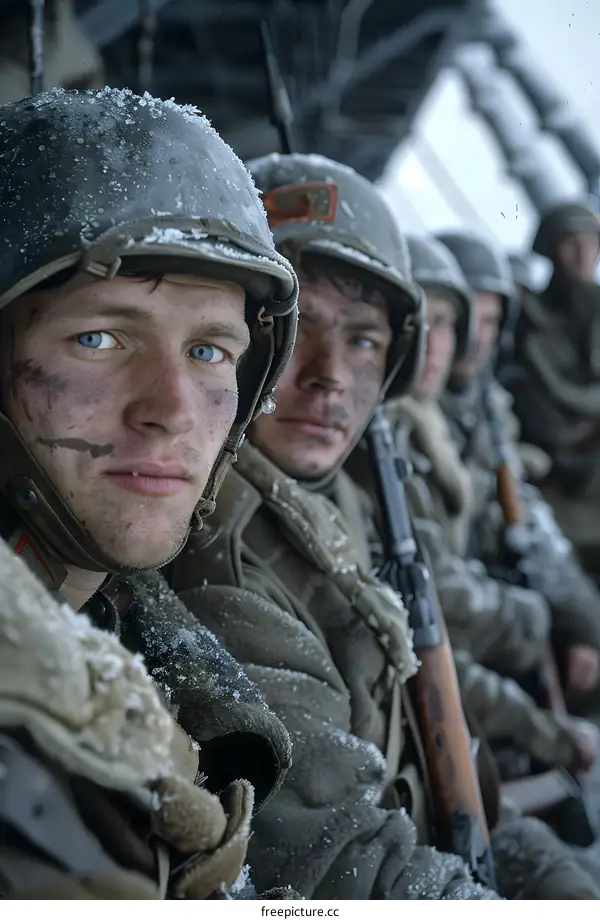 A group of soldiers in winter gear are sitting in a snowy trench.
