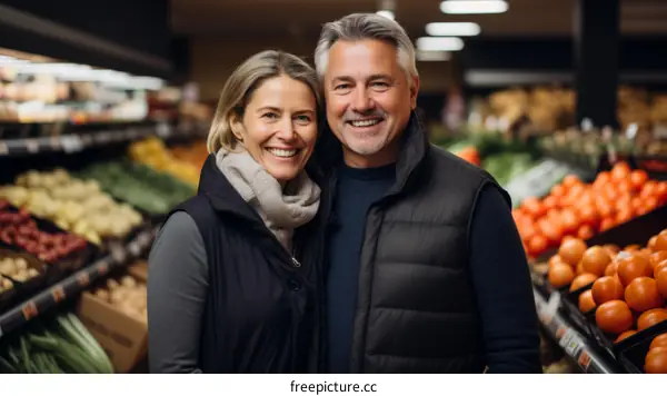 Happy couple shopping for groceries in a supermarket