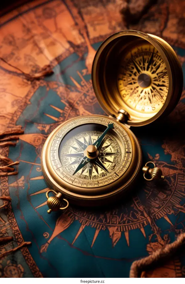 A golden compass sits on top of an old world map.