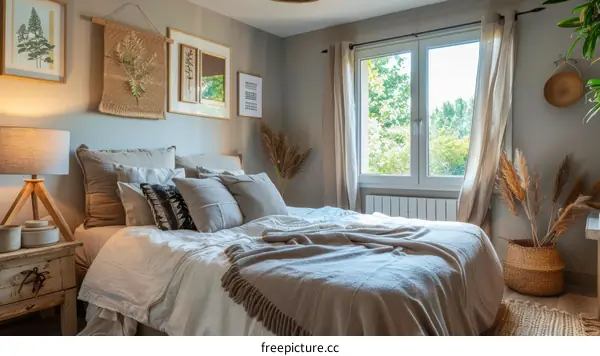 A cozy bedroom with a bed, pillows, and a blanket