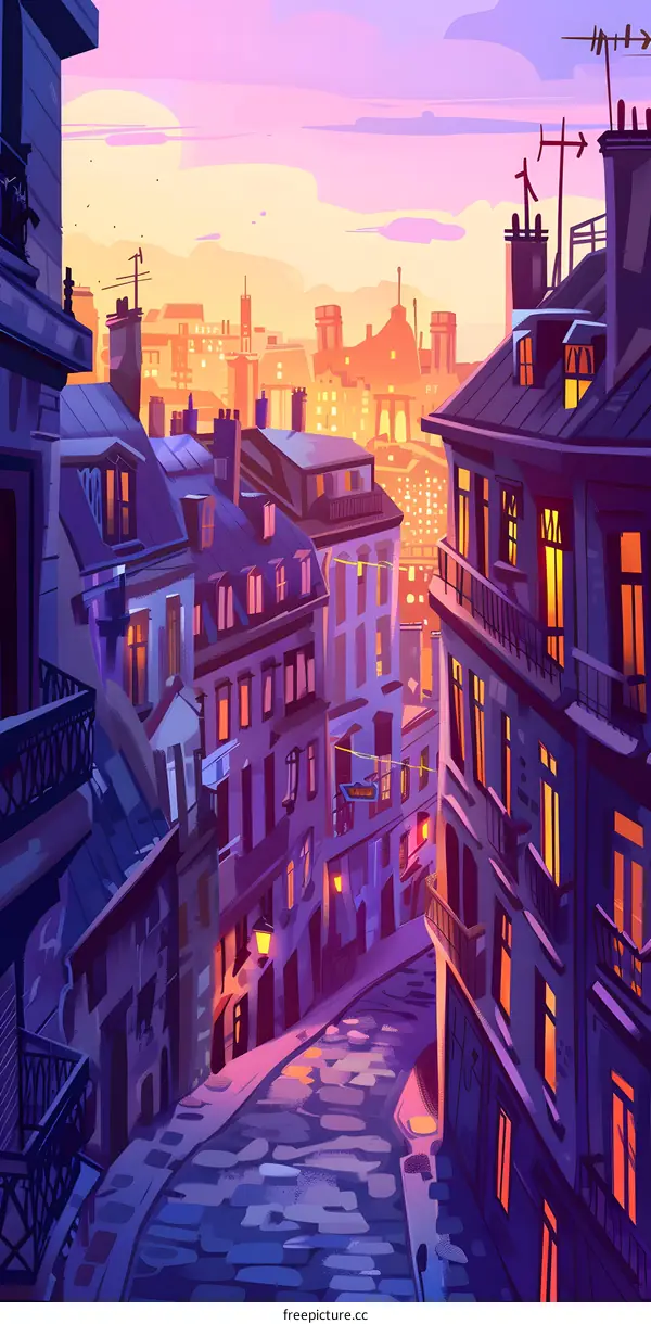 Sunset Over Cityscape with Buildings and Cobblestone Street