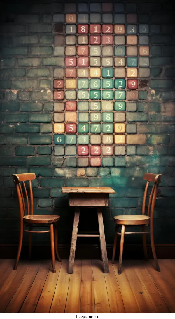 Two chairs and a table in front of a brick wall with a number puzzle