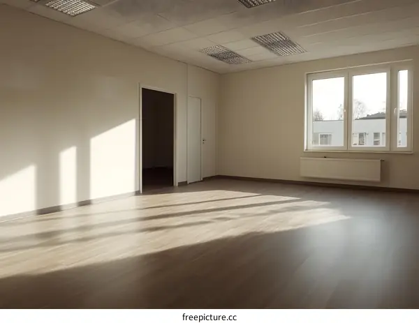 Empty Room with Wooden Floor, White Walls, and Sunlight Streaming Through a Window