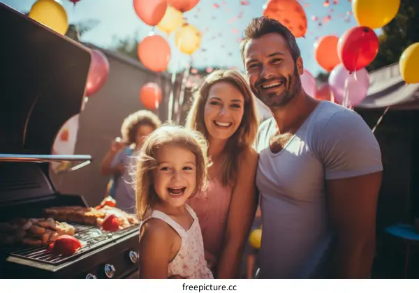 Happy family having a barbecue in their backyard