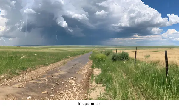Rural road through the prairie land with a summer storm approaching