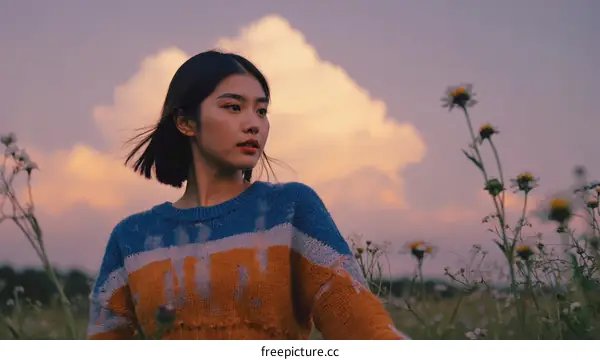 Asian Woman in a Field at Sunset