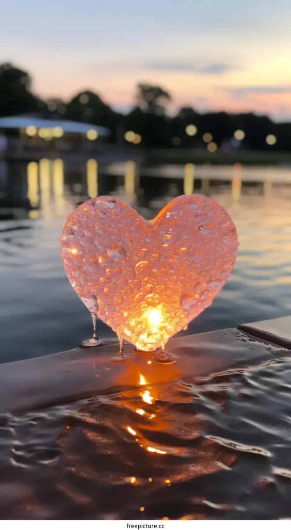 Heart-shaped ice sculpture melting on a lake at sunset