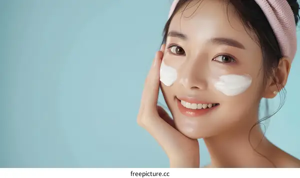 Beautiful Asian Woman Applying Facial Cream on Blue Background