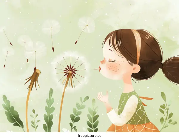 Little Girl Blowing Dandelion Seeds in a Meadow
