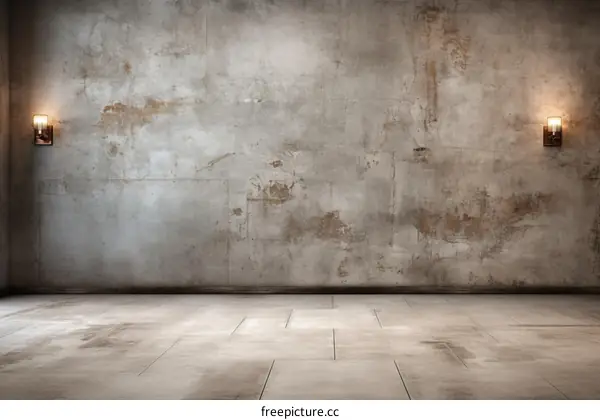 An empty room with a concrete wall and tiled floor
