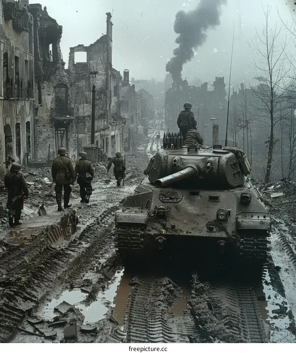 Soviet medium tank T-34-85 in a destroyed city