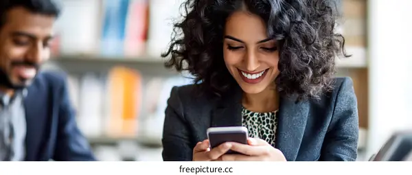 Smiling Businesswoman Using Her Phone In Office