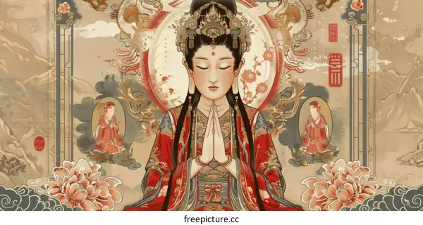 An illustration of a Chinese goddess with two attendants