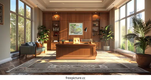 Luxury home office interior with large windows and wooden desk