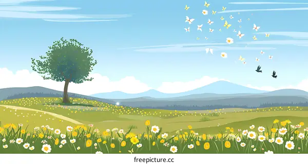 Spring Meadow Landscape With Butterflies And Birds