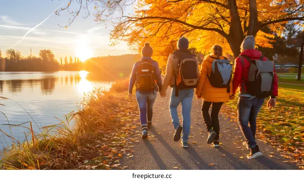 Friends Walking in Autumn on a Path by a Lake