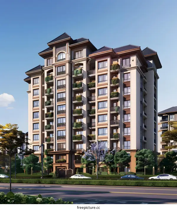 Modern Residential Building with Balconies and Landscaping