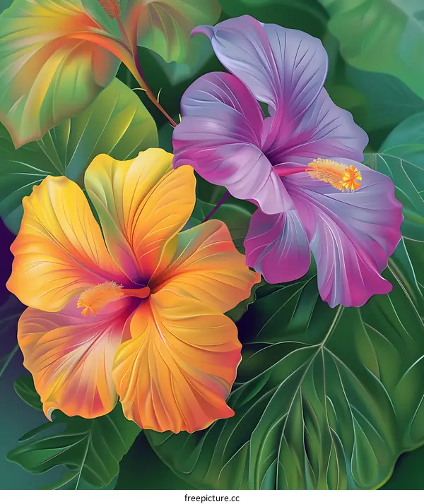 Tropical Flowers Illustration with Orange and Purple Hibiscus
