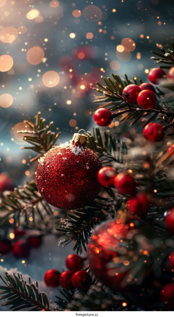 Christmas Tree Ornament with Red Berries and Snow