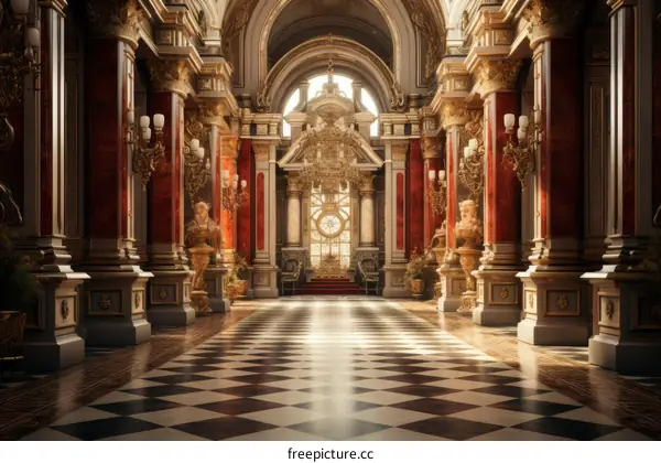 ornate hallway with columns statues and large windows