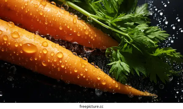 Fresh organic carrots with water drops close up