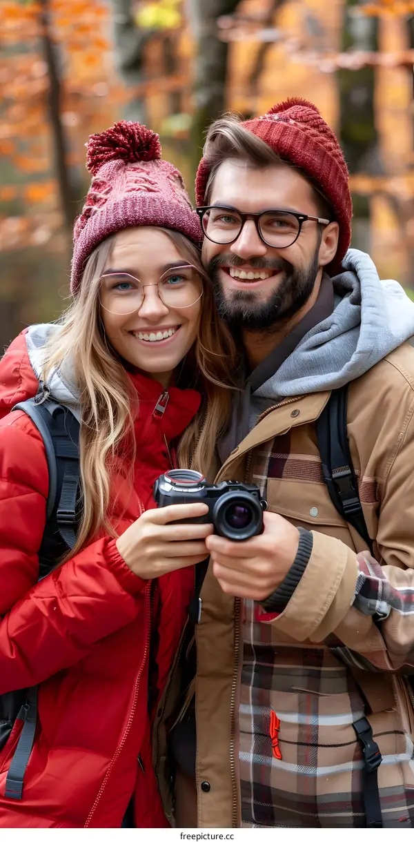 Smiling Couple in Fall Nature Holding Camera