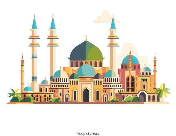 Mosque with Minarets and Domes Illustration