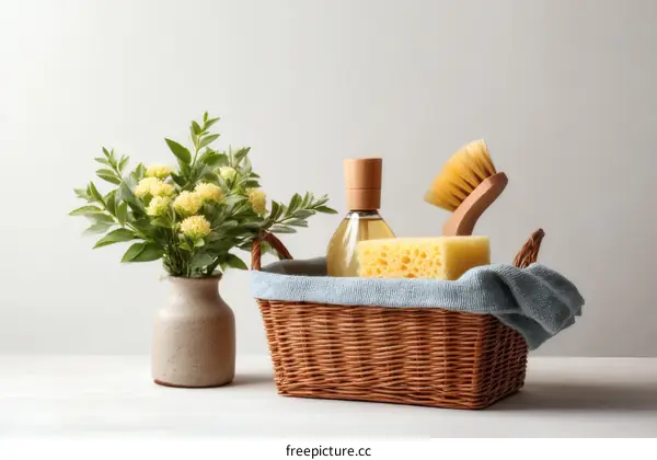 Spring Cleaning Supplies in a Wicker Basket