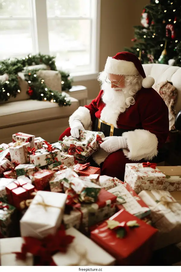 Santa Claus Examining Christmas Presents