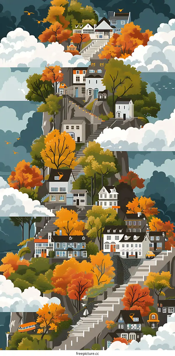 Autumn Village Illustration With Houses On Cliffside