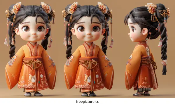 3D illustration of a cute girl in a traditional Chinese dress