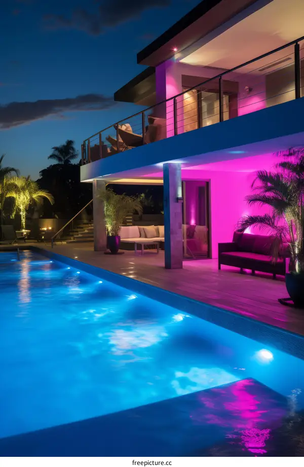 Modern villa with pool and colorful led lighting