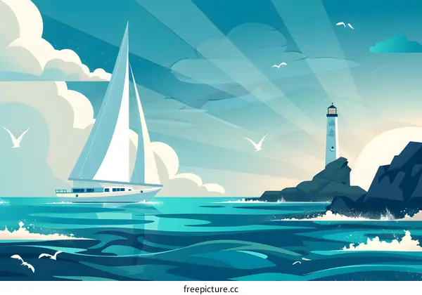 Sailboat and Lighthouse on a Sunny Day