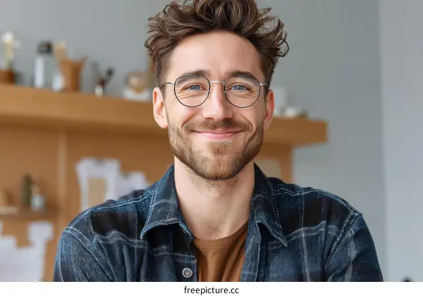 Smiling Caucasian Man with Glasses in Casual Outfit