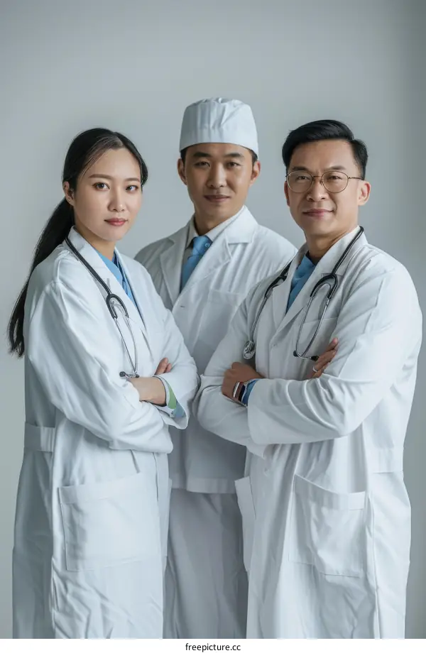 Three doctors in white coats posing for a photo