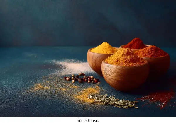 Assortment of Colorful Spices in Wooden Bowls