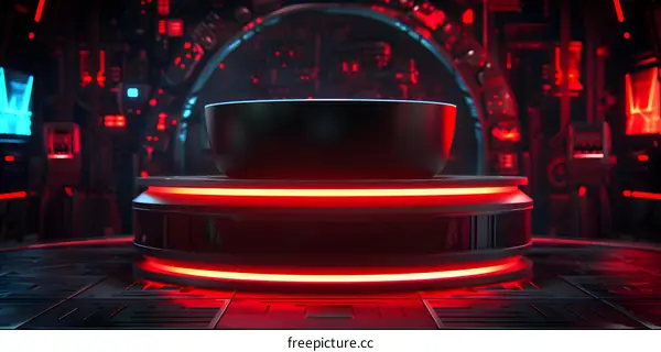 Futuristic Red Neon Lights Scene With Black Cylinder