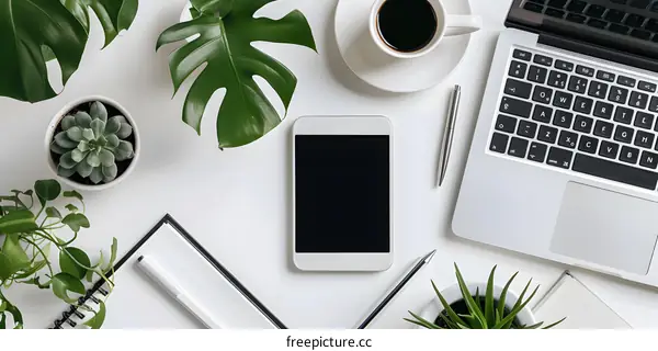 Top View of Minimalist White Desk With Plants and Laptop