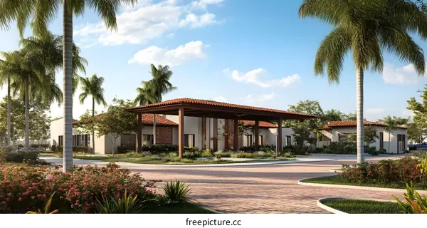 Tropical Resort Entrance With Palm Trees