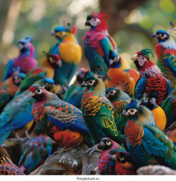 A group of colorful birds are gathered on a branch
